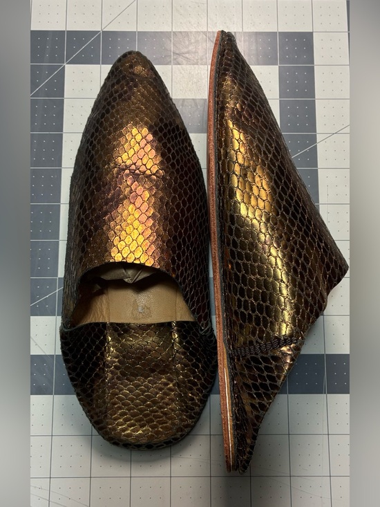 Shoes - Metallic Bronze Leather Snake-Embossed Babouche Mules